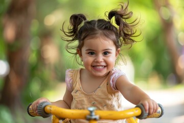 Little Girl with Pigtails Smiling on a Yellow Tricycle