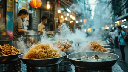 Steam from the food is rising, creating a warm and inviting atmosphere while group of people are standing around a table with a variety of Asian food, including noodles and dumplings.