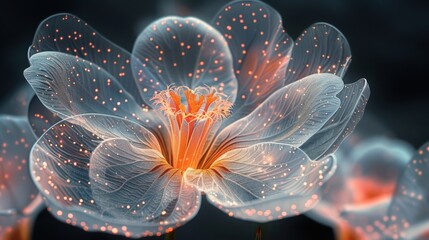 Wall Mural - Delicate crocus flowers appear to be made from gossamer-like materials, softly lit to give a luminous glow. Their intricate petals and flowing structure enchant against the dark.