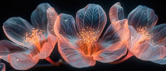 Wall Mural - Semi-transparent crocus flowers crafted from gossamer-like materials glow softly. Their petals, intricately detailed and gracefully flowing, emit a captivating light.