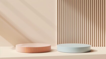 Minimalistic interior with pastel colored round platforms and wooden slat wall. Two rounded podium with blue and pink pastel color. Modern art design and architectural concept for posters. AIG53F.