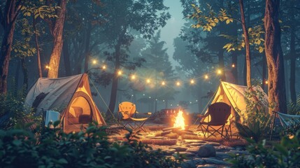 Canvas Print - Camping in the Woods at Night