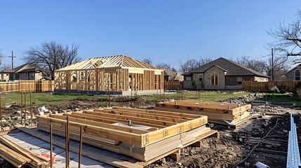 A photo of wooden beams being used to build the frame for two single homes in an uncluttered suburban neighborhood, with blue sky and green grass visible around them. The materials sit on top of wood