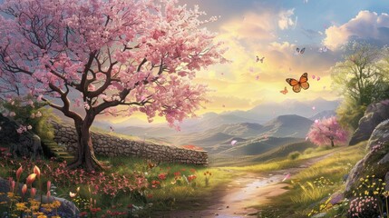 Poster - Serene Springtime Landscape with Cherry Blossoms