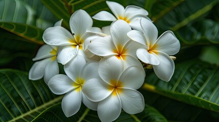 Canvas Print - White Plumeria Flowers on Green Leaves