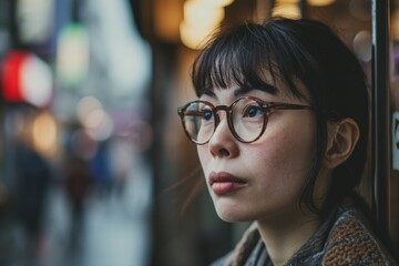 Wall Mural - Portrait of young Asian woman wearing eyeglasses in the city