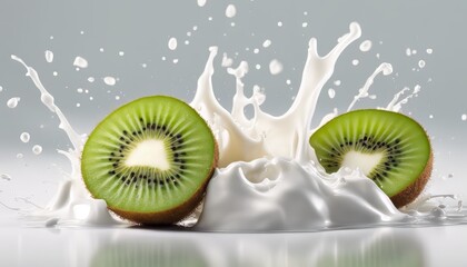 Wall Mural - Milk or yogurt splash with kiwi isolated on white background 3d rendering