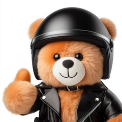 a fur plush stuffed cute bear in motorcycle helmet gives up a thumbs