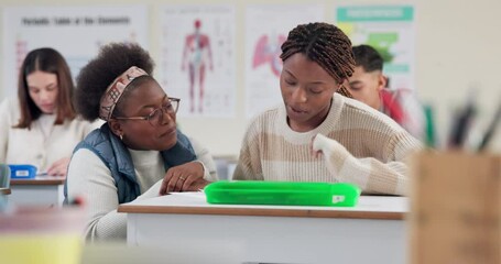 Poster - High school, teacher and student at desk with advice for learning, test notes and support for project. Help, woman and girl studying for exam in classroom with knowledge, information and attention
