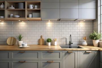 Realistic 3D render close up blank empty space countertop in modern grey build in kitchen cabinet set for household products display with white ceramic wall tiles in background. Sunlight, utensils.