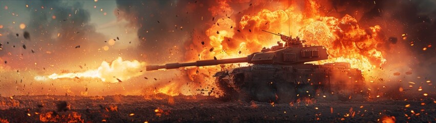 Wall Mural - Fiery Battlefield: Explosive Tank in Action，Unleashing Armored Titans: Fiery Infernos Engulf Battlefield in Explosive Warfare