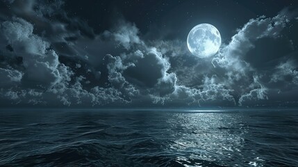 Wall Mural - luminous, moonlit clouds above a night sea, their silvery glow casting a mystical light over the dar