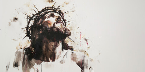 Sticker - Digital painting of Jesus Christ with crown of thorns on white background.