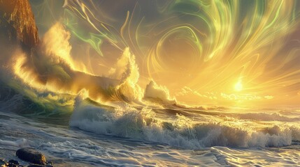 Wall Mural - Majestic waves crashing against the cliffs, with the sun rising behind them, casting a golden light over the scene and a sky filled with swirling magical auroras.