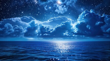 Wall Mural - midnight blue clouds dotted with stars hovering over a serene sea, the moonlight weaving through the