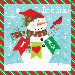 Wall Mural - Christmas card design with snowman and cardinal bird