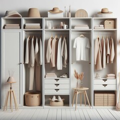 Wall Mural - A 3D illustration of a wooden wardrobe with shelves and storage in a home or office