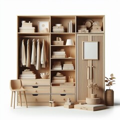 Wall Mural - A 3D illustration of a wooden wardrobe with shelves and storage in a home or office