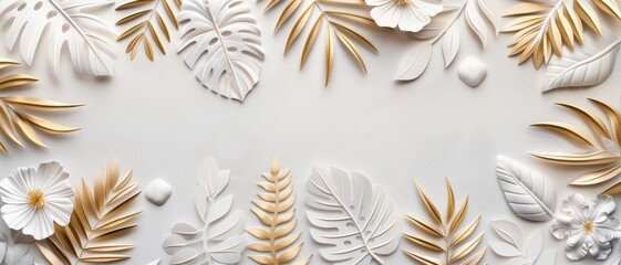 Canvas Print - Elegant Paper Art with Gold and White Leaves and Flowers on a Light Background