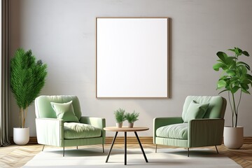 Wall Mural - Blank Poster Mockup in Modern Living Room Home Decoration with Green Wooden Furniture, White Wall Abstract Background