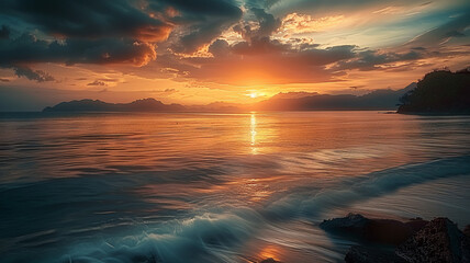 Wall Mural - Sunset over tranquil waters a tropical paradise, AI Generative