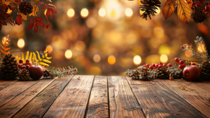 Wall Mural - Wooden table, free space, with thanksgiving theme blurred background