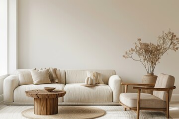 Wall Mural - Home Interior Background, Scandinavian Style Living Room Interior Design Mockup with White Sofa, Wooden Coffee Table, and Natural Decor