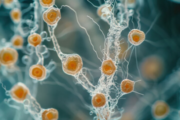 macro photo of intricate fungal spores under a microscope, showcasing delicate structures and natura