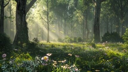 Poster - Capture the essence of a serene forest glade, with dappled sunlight filtering through the trees and a carpet of wildflowers in bloom.