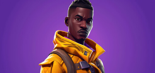 Poster - portrait of an African American male game character, purple background