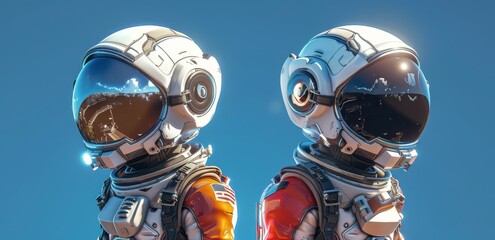Wall Mural - Two Astronauts in Space Suits Against a Blue Sky Background