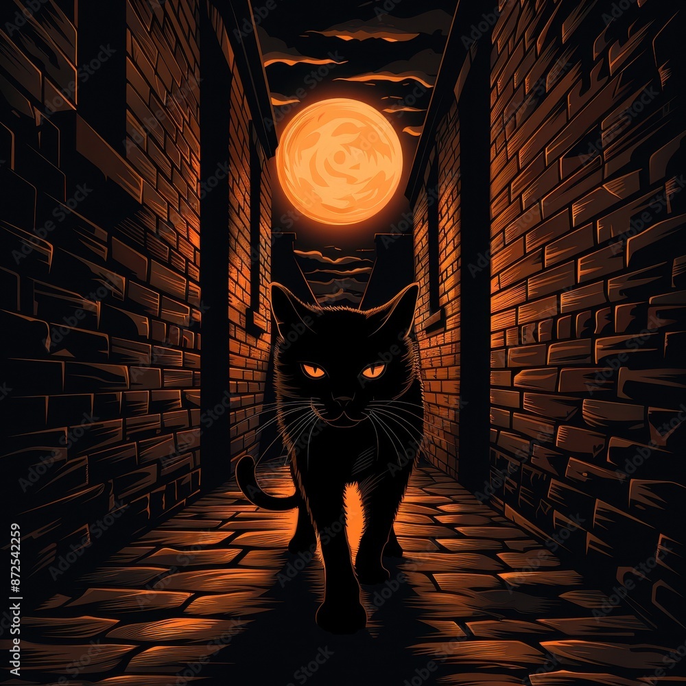 Black cat walking down a dark alley under a full moon illuminating the ...