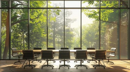 Canvas Print - Conference room with a large window view of trees outside, blending nature with the workspace