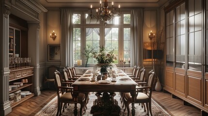 Sticker - Dining room with a large wooden table, matching chairs, and a chandelier