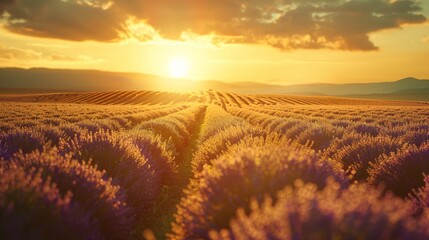 Poster - Capture the peaceful beauty of a lavender field at sunset, with rows of blooming lavender stretching into the distance and a warm, golden sky overhead.