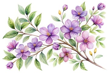 delicate watercolor illustration of purple flowers blooming on a slender branch, showcasing soft pet