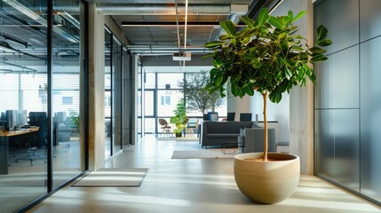 Canvas Print - Modern office space with a large potted tree near the entrance, creating a welcoming atmosphere