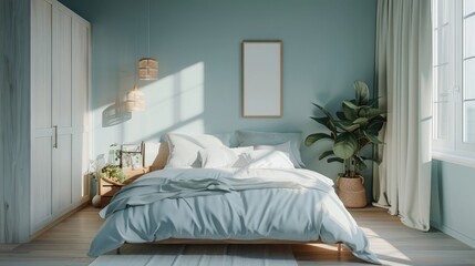 Sticker - Scandinavian-style bedroom with minimalistic decor, a bed, and a wardrobe