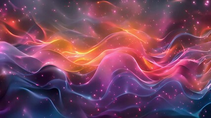 Leinwandbilder - This image features a digitally generated abstract design with wavy light patterns in shades of pink, blue, and orange. The background is a deep purple with a subtle sparkling effect.