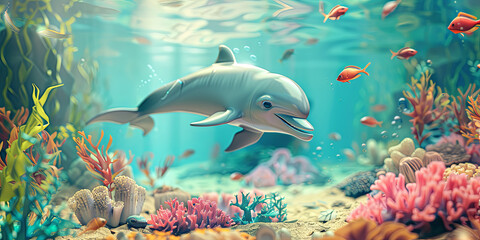 Wall Mural - illustration of a cute baby dolphin playing with fish in the ocean, generative AI