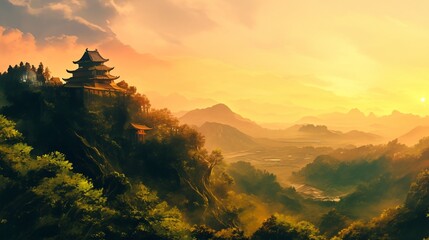 Wall Mural - 日本の城の風景、夕日11