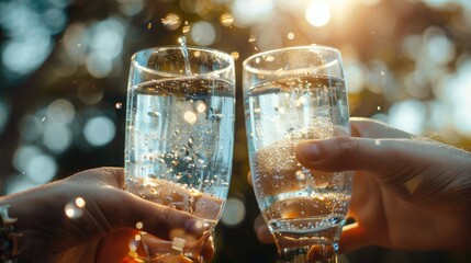 Two glasses of sparkling water clinking together in a toast at a summer picnic