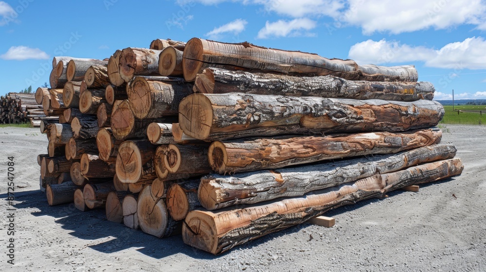 Stack Land Back Rounds Long stack of logs on gravel soil surface land near the paddy fields ...