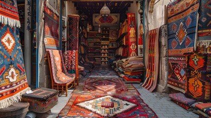 Traditional Turkish Rugs and Carpets in a Bazaar