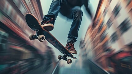 Poster - Create a dynamic shot of a skateboarder performing a trick, the motion blur capturing the speed and agility of their movements against a sharp urban backdrop.