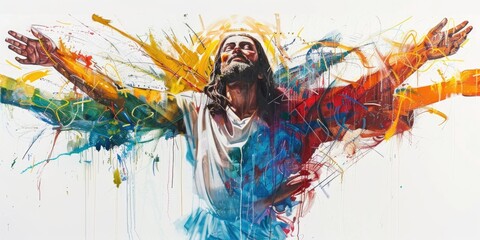 Sticker - Jesus Christ in worship with colorful splashes of paint on white background.