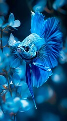 A blue fish swimming in a dark blue water.