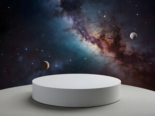 White cylinder pedestal podium set with outer space background. Minimalist scene for product presentation.	
