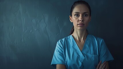 Wall Mural - Create a somber portrait of a nurse in uniform, their expression showing signs of compassion and fatigue, standing against a simple, dark backdrop to underscore their dedication and care.