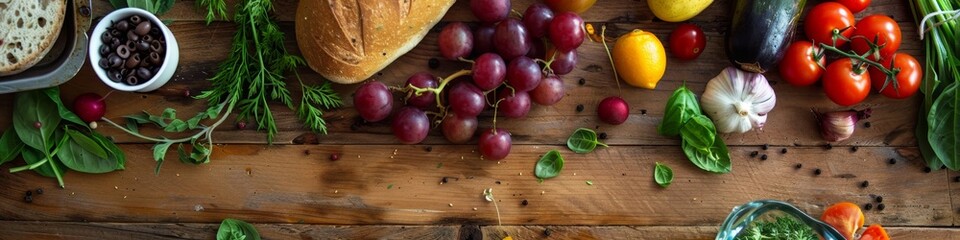 Wall Mural - High-Resolution AI-Generated Wallpaper Featuring Various Healthy Foods on a Wooden Table, Perfect for Supermarket Promotions, Seasonal Discounts, and Healthy Eating Concepts